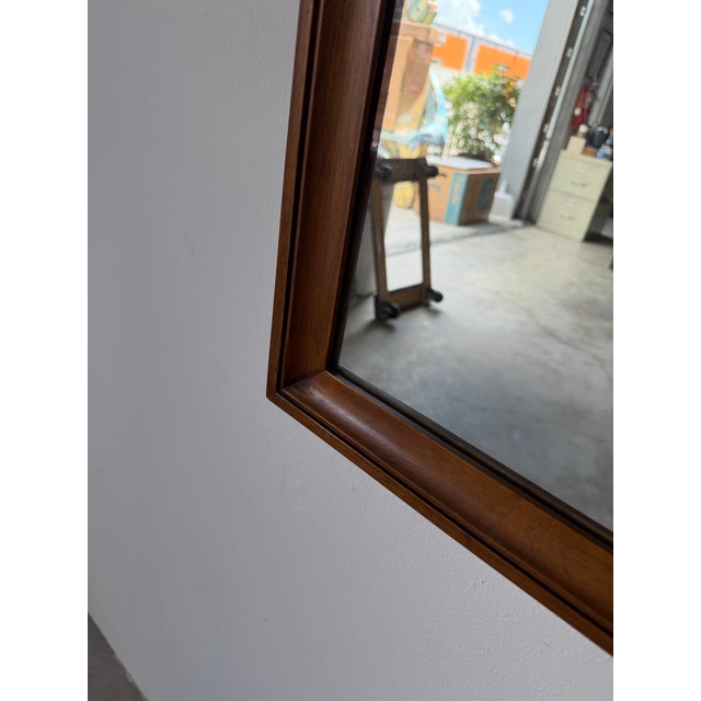 1970s Mid-Century Modern Walnut Wall Mirror With Carved Geometric Details For Sale - Image 10 of 13