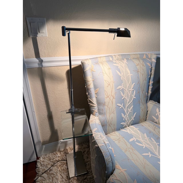 Chrome 1970s Italian Postmodern Chrome & Glass Floor Swing Arm Adjustable Lamp With Pharmacy Shade and Relco Milano Dimmer For Sale - Image 8 of 12