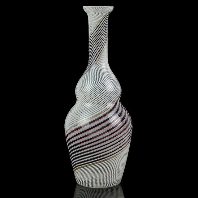 Beautiful vintage Murano hand blown black and white ribbons Italian art glass cupped rim flower vase. Documented to master...