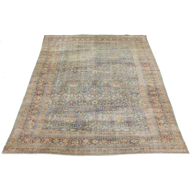 Transitional Antique Mashad Wool Rug With Allover Palmette Motifs & Muted Blue Patina For Sale - Image 3 of 12