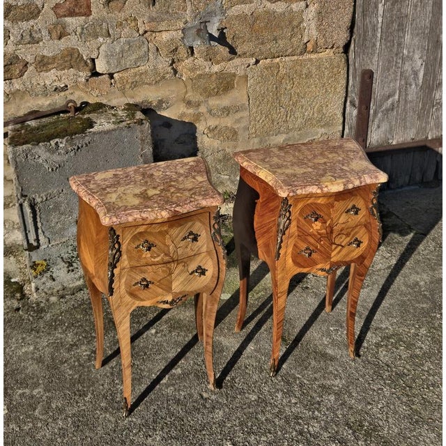 Vintage Marquetry Nightstands in Marble and Wood, Set of 2 For Sale - Image 4 of 16