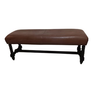 1980s Upholstered Bench With Turned Legs Leather Seat Brown Dark Wood Frame For Sale