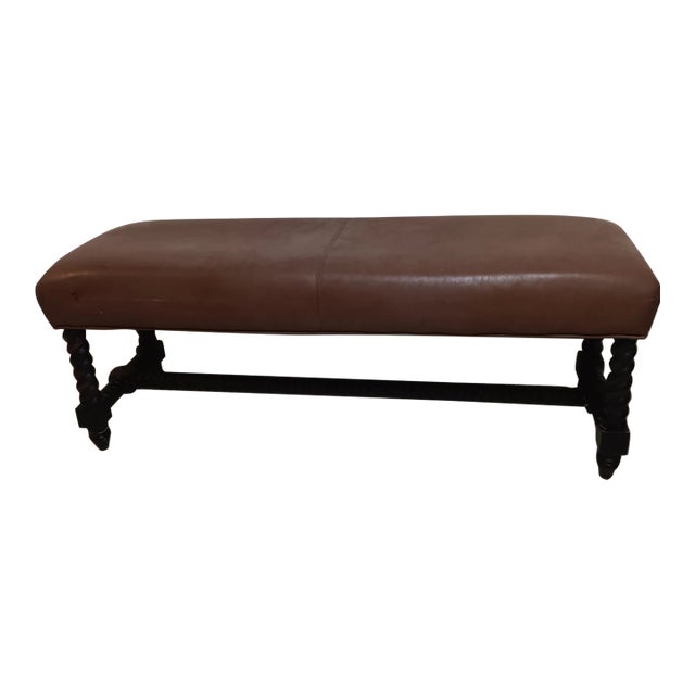 1980s Upholstered Bench With Turned Legs Leather Seat Brown Dark Wood Frame For Sale
