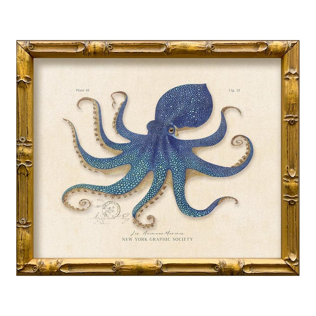 Contemporary Reproduction of Vintage "Blue Octopus" Giclee Print, Framed For Sale