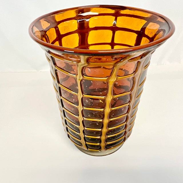 Murano 1970s Vintage Boho Chic Italian Style Blown Glass Vase With Opaque Grid Design Encased For Sale - Image 4 of 11