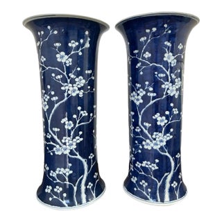 Pair of Blue and White Chinoiserie Cherry Blossom Vases From Barclay Butera For Sale