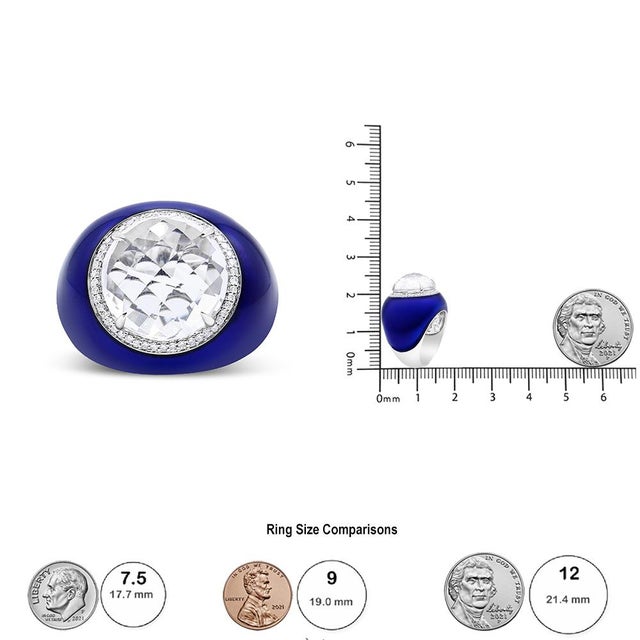 Early 21st Century 18K White Gold 14mm White Quartz and 1/5 Cttw Diamond Halo with Blue Enamel Dome Ring (F-G Color, VS1-VS2 Clarity) - Ring - Size 7 For Sale - Image 5 of 5