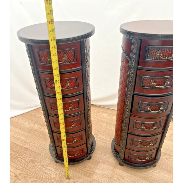 Brown 1980s Vintage Pair Round Nightstands Chest of Drawers Carved Six Felt Lined Drawers For Sale - Image 8 of 11