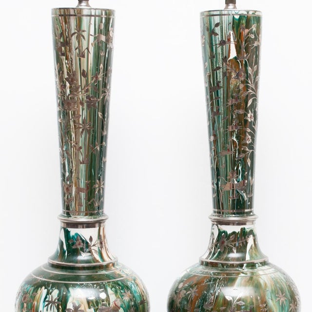 Wood 1950s Very Tall Indo-Persian Drip Enamel Carved Table Lamps - A Pair For Sale - Image 7 of 12