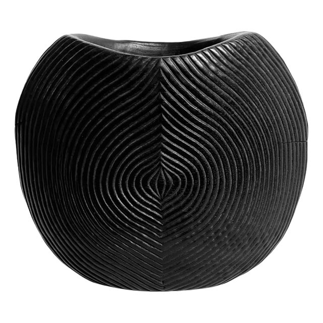 Vintage Modern Black Wood Seed Scored Vase For Sale