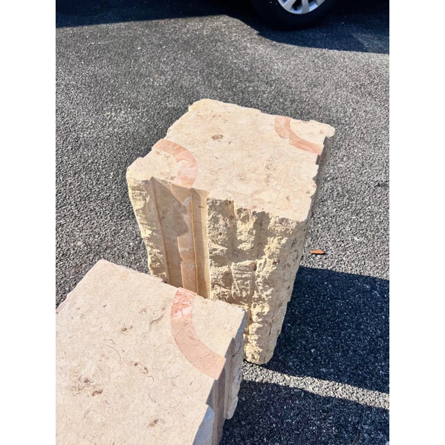 Pair of tessellated faux marble box stone side tables. The taller measures 19" x 11" x 18" in size and the longer 15" x...