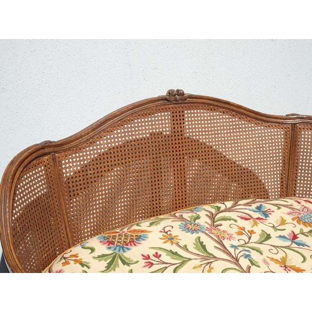 1940s Antique French Louis XV Style Cane Settee Loveseat W Down & Orange Floral Fabric For Sale - Image 5 of 17