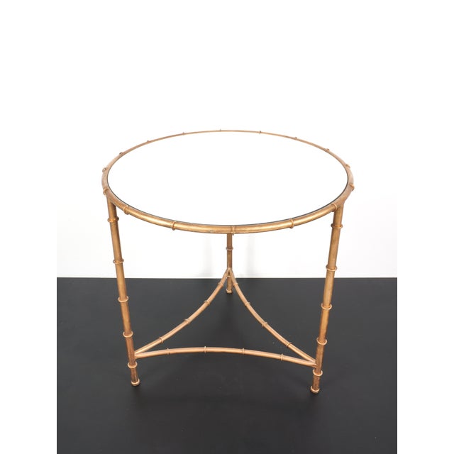 Vintage French Pedestal Table in Gilded Metal with Imitation Bamboo Finish and Glass Top For Sale - Image 5 of 9