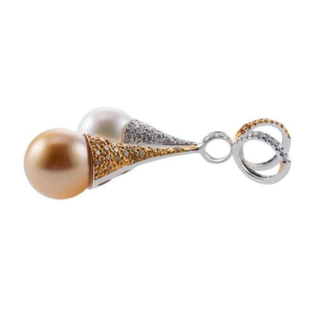 Modern 18 Karat Gold Fancy White Yellow Diamond 0.60 Carat White Golden Pearls Pendant For Sale - Image 3 of 8