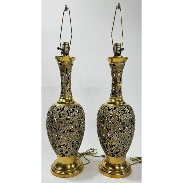 Hollywood Regency Vintage Reticulated Brass Filigree Table Lamp - Priced Per Lamp For Sale - Image 3 of 9