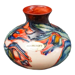Mid 20th Century Walter Moorcroft England Signed Red Tulip Art Pottery Squat Vase