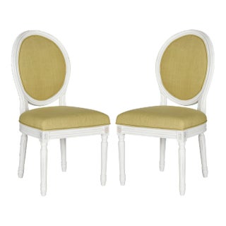 19''H French Brasserie Linen Oval Side Chair , Spring Green & Cream - a Pair For Sale