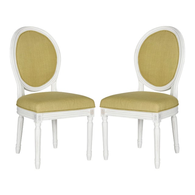 19''H French Brasserie Linen Oval Side Chair , Spring Green & Cream - a Pair For Sale