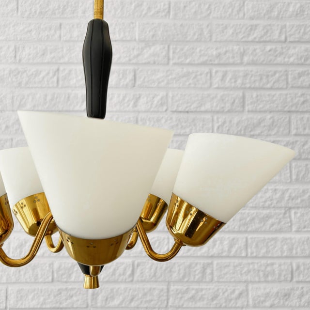 Mid-Century Modern Scandinavian Chandelier in Brass and Glass, 1940s For Sale - Image 6 of 10