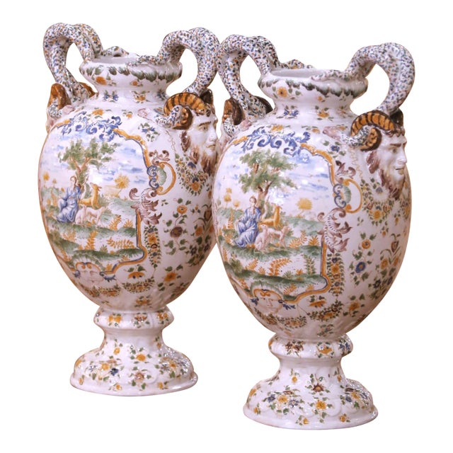 Pair of 19th Century French Moustiers Faience Vases With Ram’s Head Handles For Sale