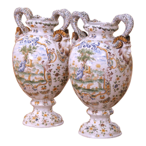 Pair of 19th Century French Moustiers Faience Vases With Ram’s Head Handles