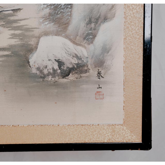 Gold Mid-20th Century Japanese Byobu "Four Seasons in the Mountains" 4-Panel Folding Screen Very Good Overall Condition For Sale - Image 8 of 9