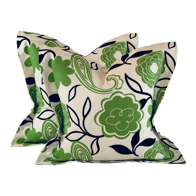 Premier Prints MM Designs Cream Black & Green Botanical Floral Leaf Leaves Paisley Pillow Covers- a Pair For Sale