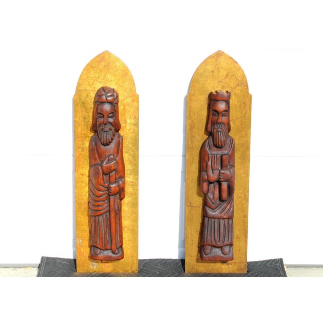 Mid-Century Modern 1960s Jaru California 36" Wall Art Wood Carved Figures Gold Plaques For Sale - Image 3 of 17
