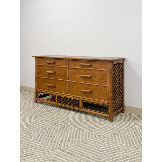 Hollywood Regency Vintage Petite Rattan 6-Drawer Dresser With Lattice Sides Coastal Boho MCM For Sale - Image 3 of 13