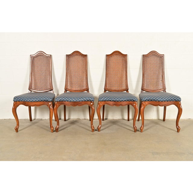 Baker Furniture Style French Provincial Louis XV Carved Walnut and Cane Back Dining Chairs, Set of Four For Sale - Image 13 of 13