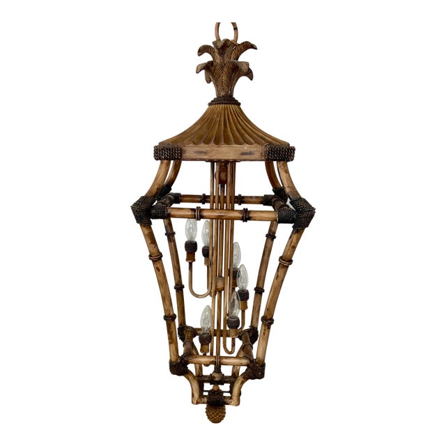 Vintage Mid-Century Faux Bamboo & Rattan Pagoda Hanging Lantern Pendant Chandelier For Sale
