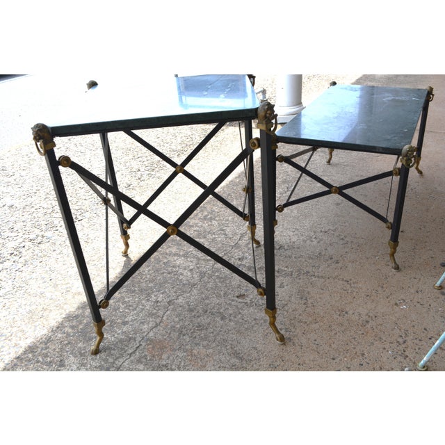 1970s Neoclassical Green Marble Top / Brass Lions / Paw Feet Metal Coffee Table & End Table Set For Sale - Image 16 of 18