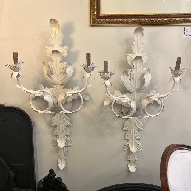 French Mediterranean Hollywood Regency Leaf Design Metal Wall Sconces a Pair Electrified For Sale In Miami - Image 6 of 12