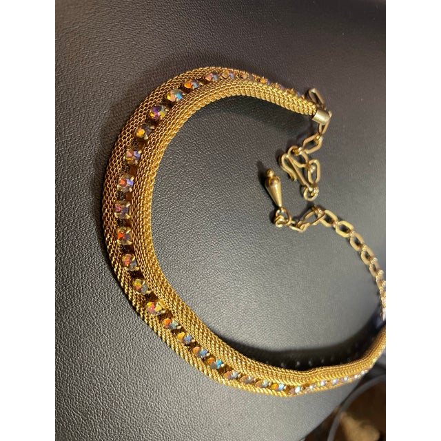 Coro MCM Woven Gold-Tone Mesh, Prong-Set Aurora Borealis Rhinestone Choker Necklace For Sale - Image 4 of 4
