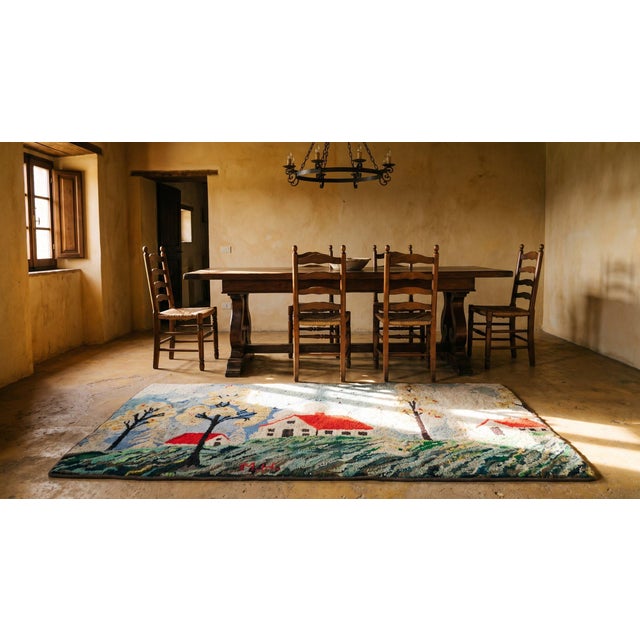 Charming and Sweet Folk Art Farm and Cabin Design Antique American Hooked Rug For Sale - Image 14 of 14