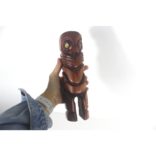 Vintage Indigenous Maori Wood Folk Art Sculpture With Abalone For Sale - Image 9 of 9