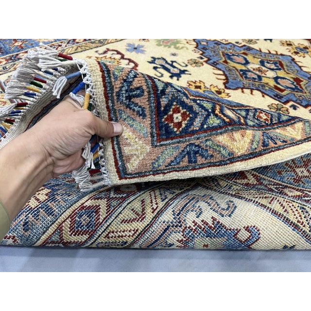 Ivory and Blue Kazak Wool Area Rug With Tribal Medallions, 4'10" X 6'7" For Sale - Image 14 of 15