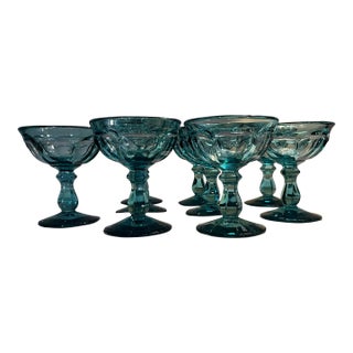 Vintage Mid-Century Teal/Turquoise Champagne or Sherbet Glasses - Set of 9 For Sale