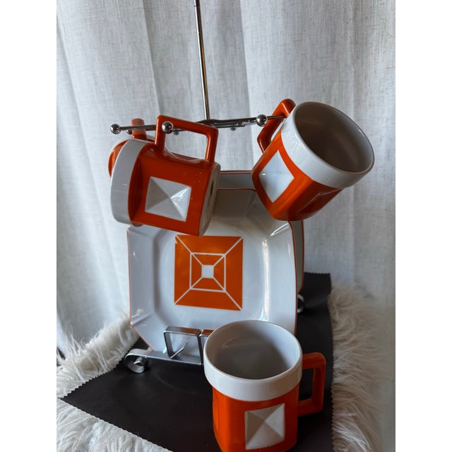 Orange 1950s Mid-Century Modern Trend by Nasco Geometric Orange and White Ceramic Mug and Saucer Set - 9 pcs For Sale - Image 8 of 11