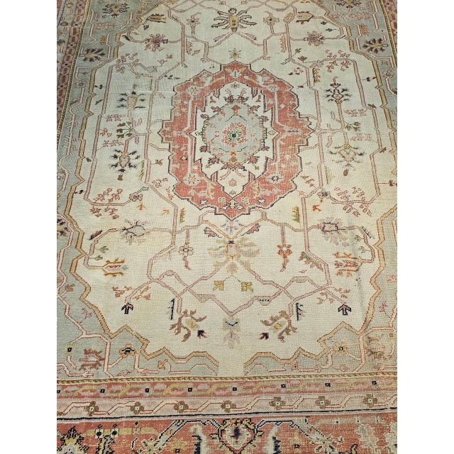 Vintage Turkish Oushak Rug, Hand-Knotted Geometric Pattern, Ivory & Brick Red, 12' X 14' For Sale In Chicago - Image 6 of 13