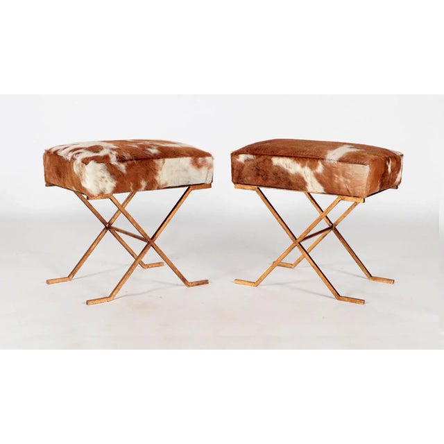Burnt Orange Gilt-Iron Cowhide X-Frame Benches in the Jean Michel-Frank Manner - a Pair For Sale - Image 8 of 8