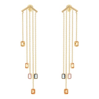 Contemporary 2.43ct Multi Sapphire Long Chain Drop Earrings in 14k Yellow Gold- A Pair For Sale