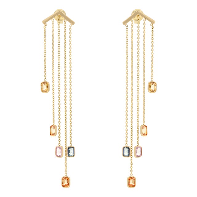 Contemporary 2.43ct Multi Sapphire Long Chain Drop Earrings in 14k Yellow Gold- A Pair For Sale