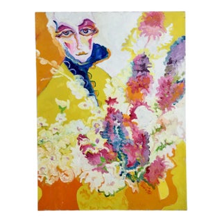 “Woman With Bouquet “ 1980 Vintage Large Oil on Canvas by Connie Aronson For Sale