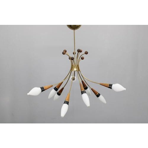Rupert Nikoll Brass, Teak and Opaline Glass Chandelier by Rupert Nikoll, Austria, 1960s For Sale - Image 4 of 18