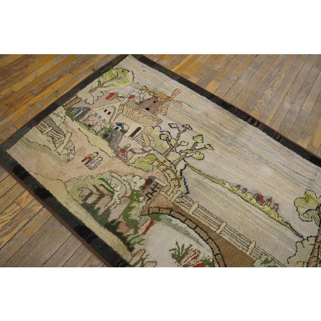 1940s Tan Ecru Dutch Windmill Scenic Pictorial Antique American Hooked Rug 3'2" X 5'6" Wool Carpet For Sale - Image 4 of 9