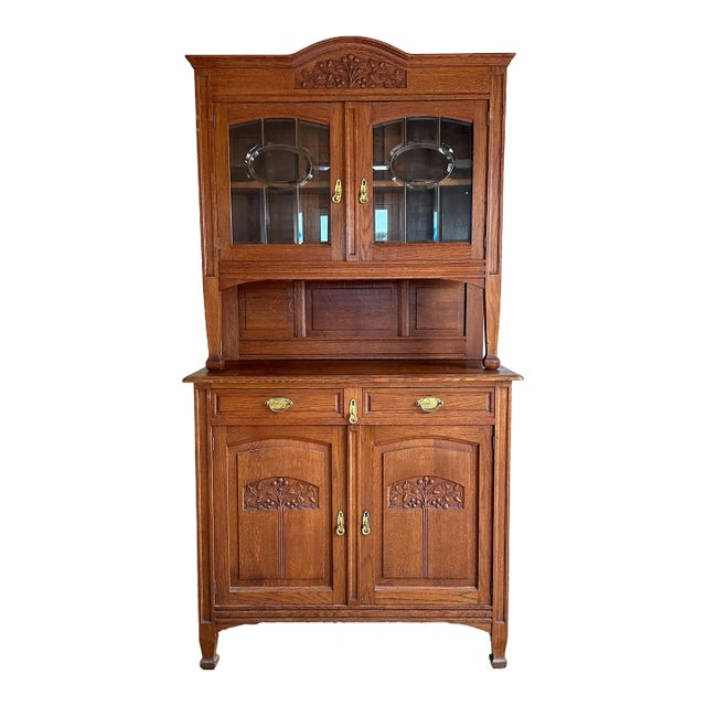 1920 Early American Buffet Cabinet Cupboard Mid-Centry Oak Glass Doors. Latched Drawers & Original Key. For Sale