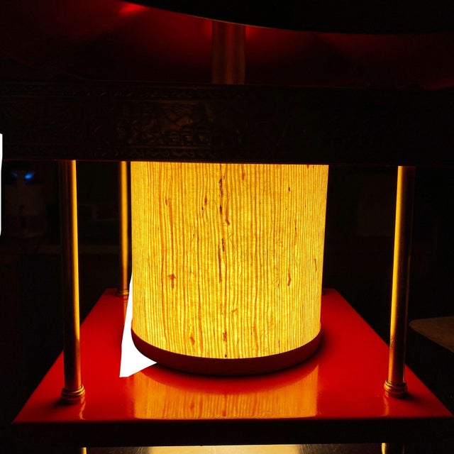 1950s Mid-Century Modern Pagoda Enameled Red Metal & Gold-Tone Tole Chinoiserie Chandelier For Sale - Image 9 of 18