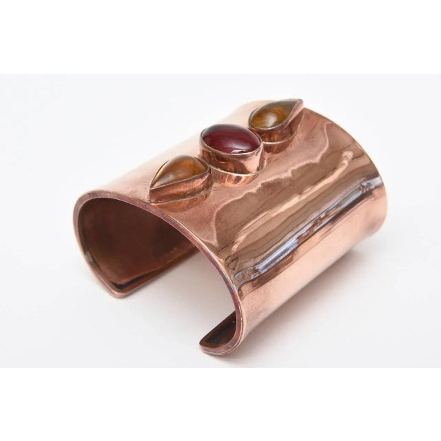 Hallmarked Copper Wide Cuff Bracelet With Red, Yellow Amber Glass Stones 90's For Sale - Image 4 of 10