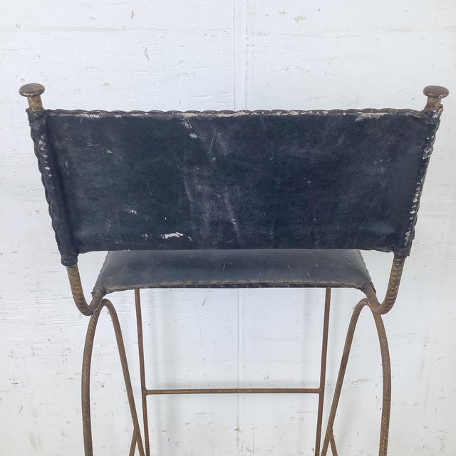 Vintage Studio-Made Sculptural Iron Counter Stool With Black Leather Seat For Sale - Image 15 of 18